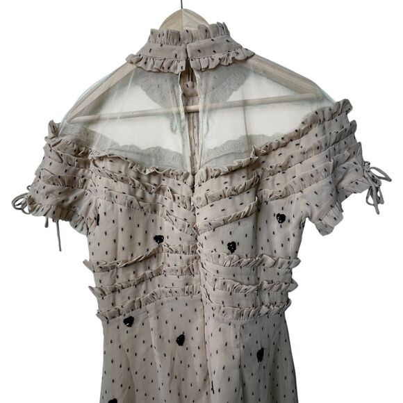 NBD Cherry Pie Mini Dress Sz M Nude Black Polka Dot Sequin Heart Ruffle Revolve - Picture 7 of 13